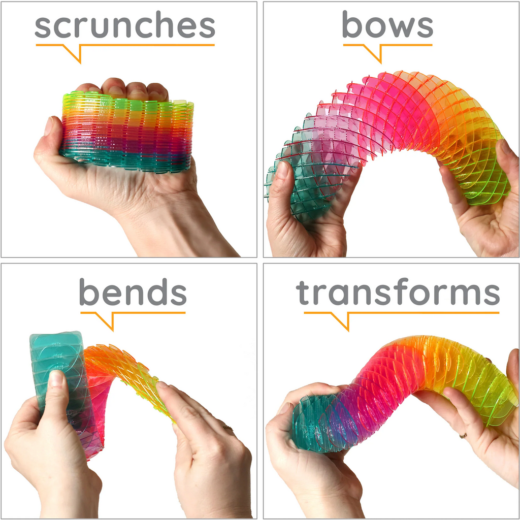 The Morf Big Spring Rainbow a colorful spring toy being demonstrated with scrunches, bows, bends, and transforming actions.