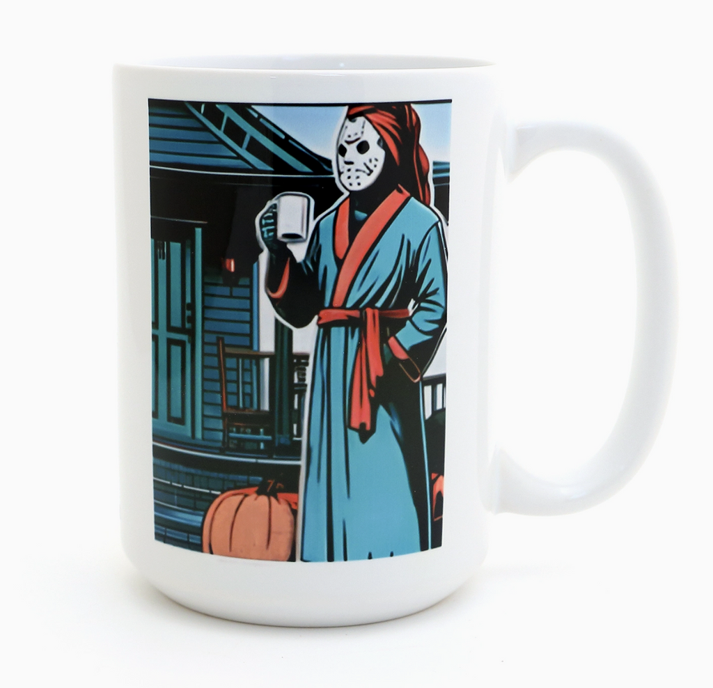 White stoneware mug with color illustration of Jason from Friday the 13th wearing a robe, standing in the yard with a coffee cup. 