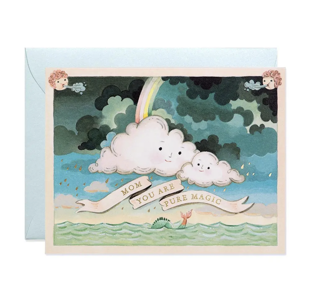 Illustrated Mother's Day card with two clouds floating over the sea with a rainbow in the background. 