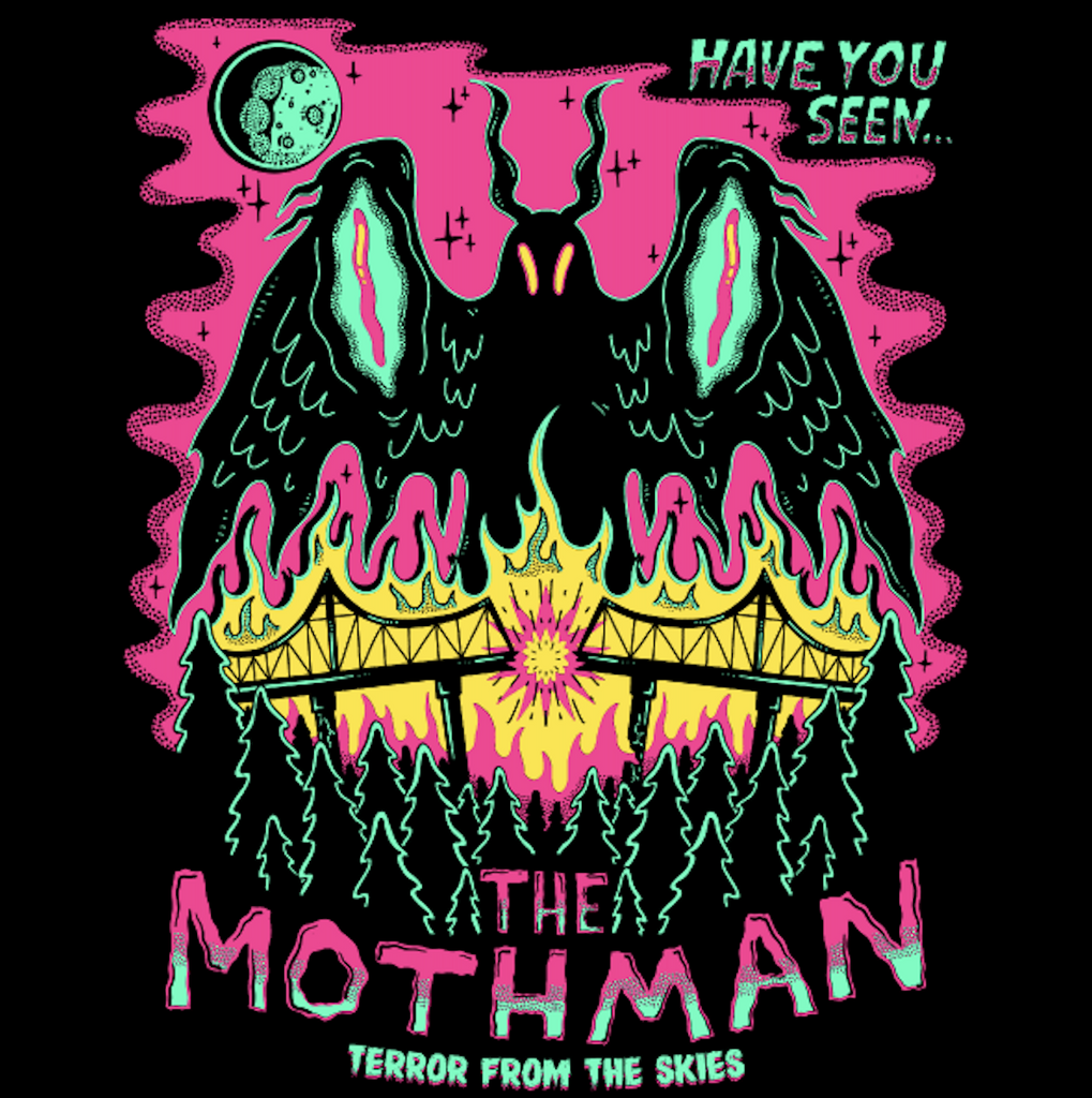 Close up of the illustrated image of The Mothman printed on the front of a black T-Shirt. 