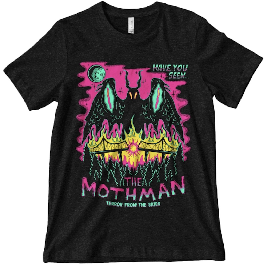 Black T-Shirt with colorful print of The Mothman featured on the front. 