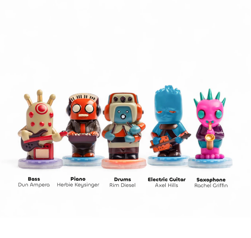Five figurines from the Mountain Riders Blues Fusion band, each on a circular base that connects to the Loops Lab stage. The figures represent Bass (Dun Ampera), Piano (Herbie Keysinger), Drums (Rim Diesel), Electric Guitar (Axel Hills), and Saxophone (Rachel Griffin).