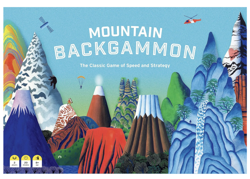 Front of Mountain Backgammon game box, featuring an array of realistic and imagined mountain peaks.
