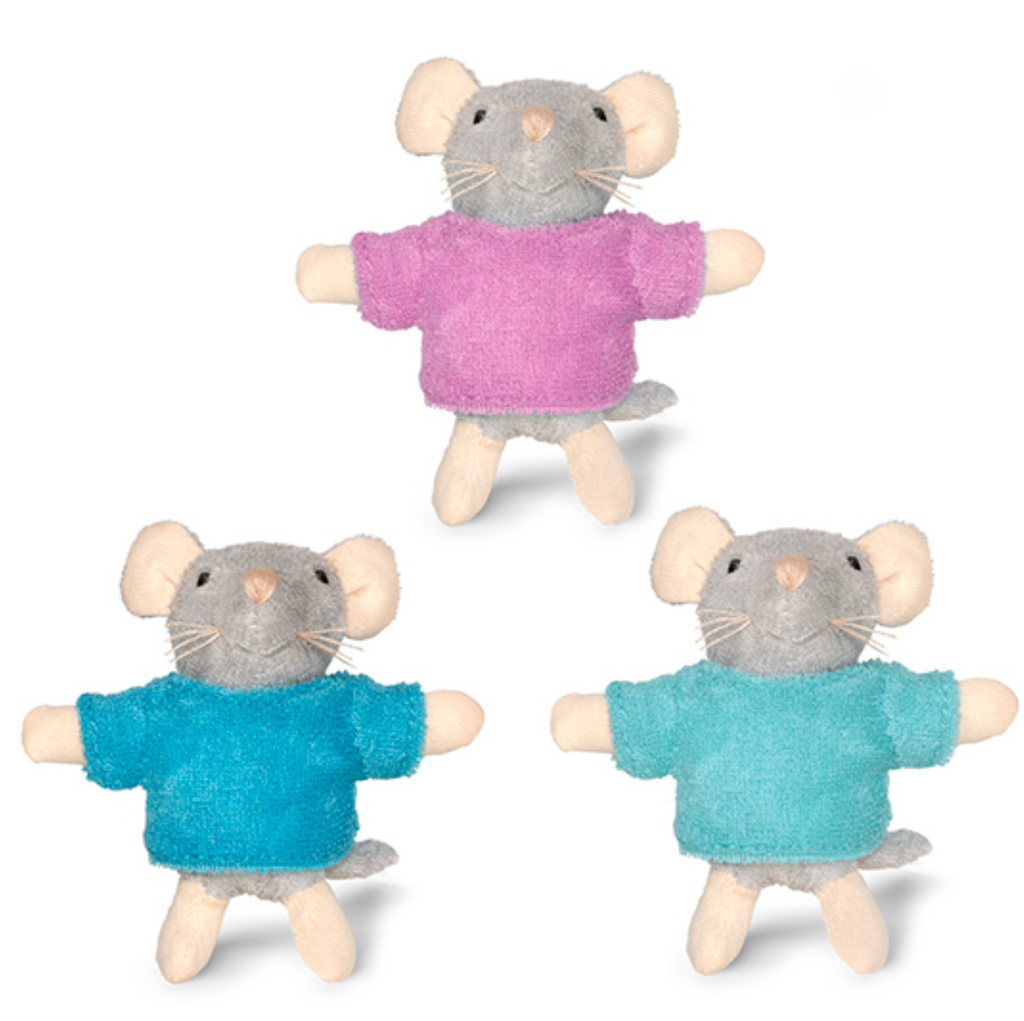 The Mouse Triplets one with a pink sweater, one with a green sweater and the third is wearing a blue sweater.