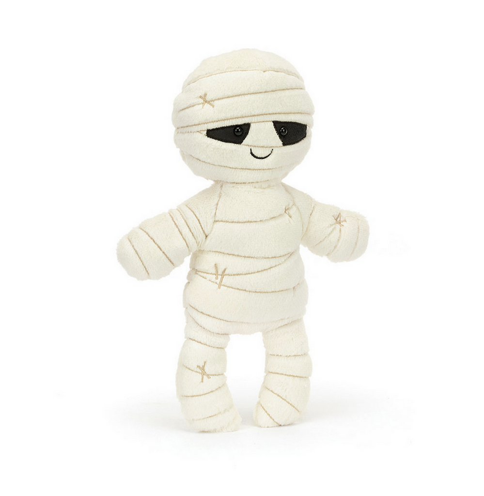 Plush Mummy Bob with dark eyes behind the bandages. 