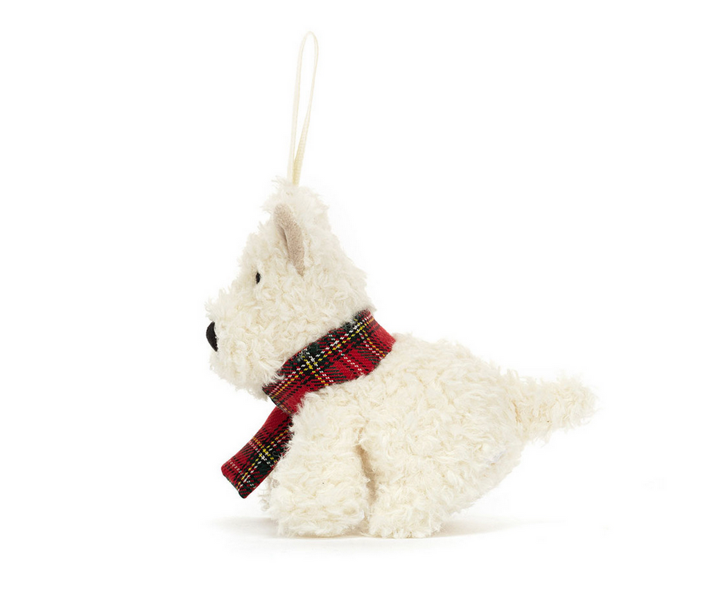 Side view of Munro scottie dog plush ornament.