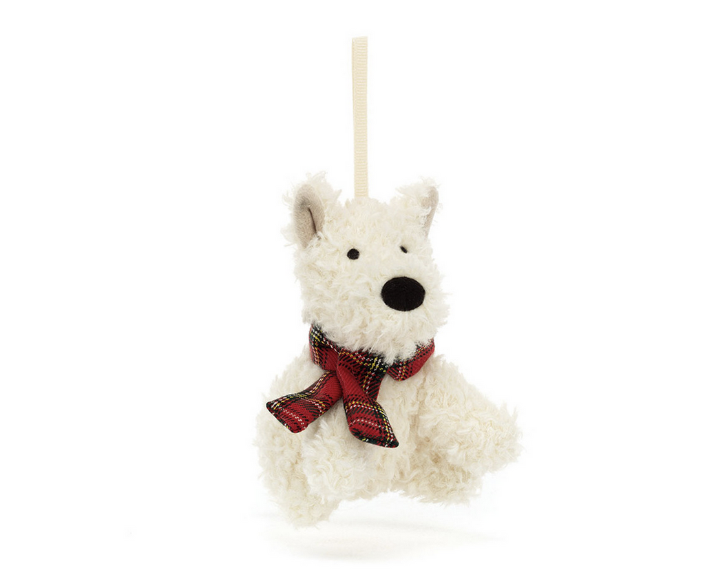 Plush white scottie dog wearing a red plaid scarf ornament.