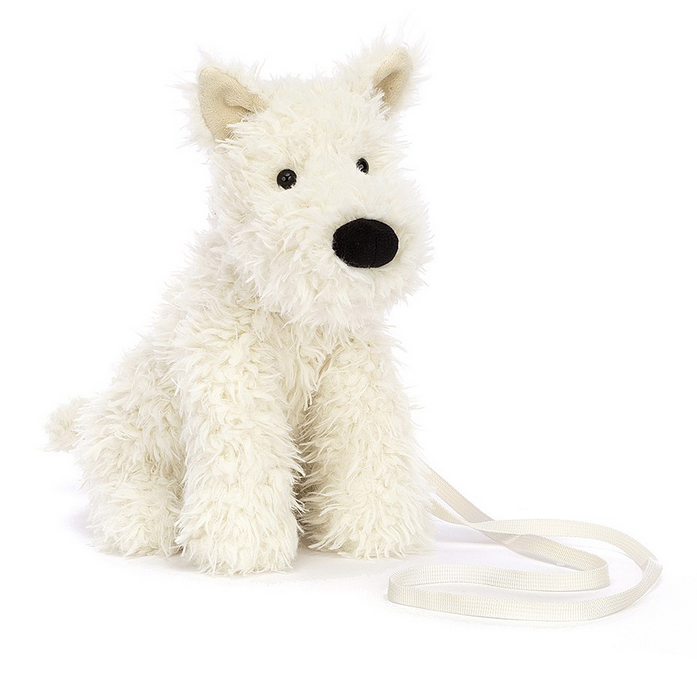 White plush dog purse on a white background