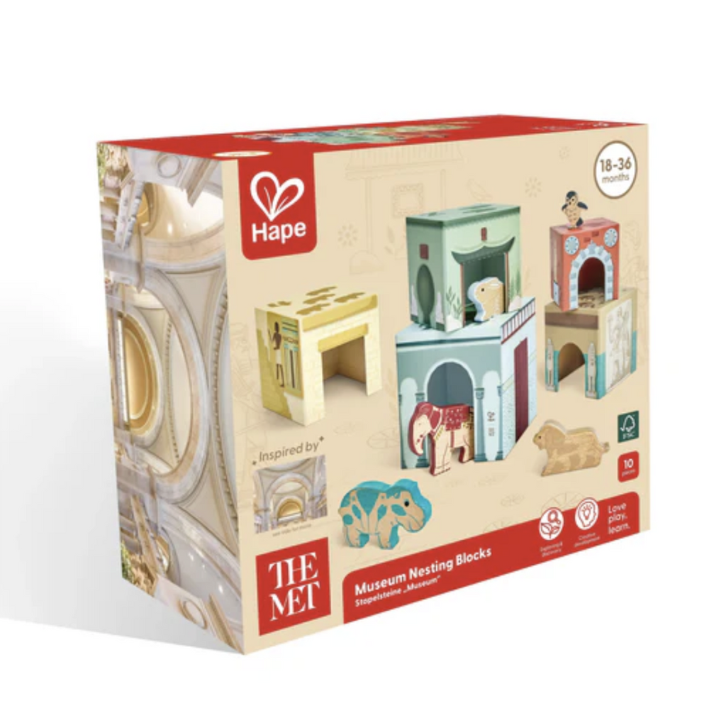 Hape Museum Nesting Blocks box with the blocks and animals in the set pictured on the front. 