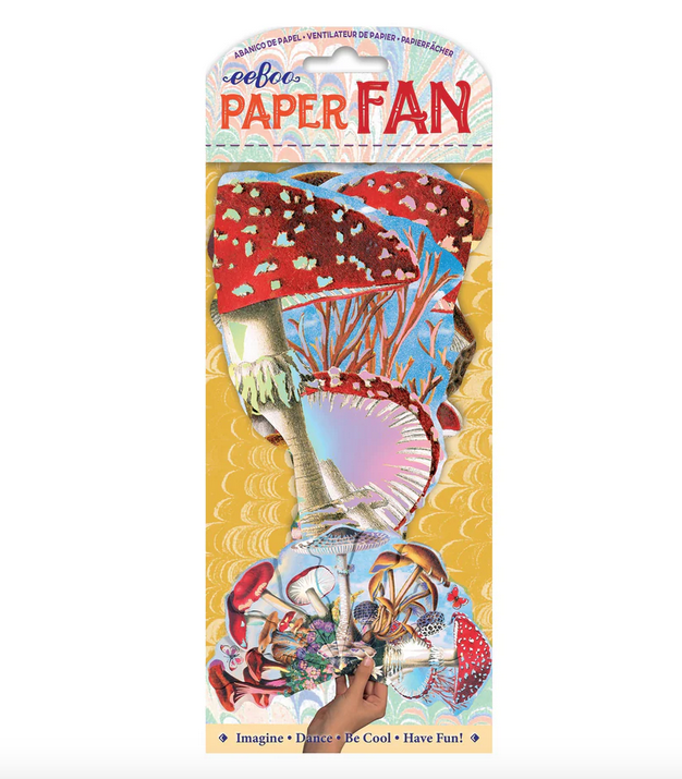 The Mushrooms Paper Fan closed and in a clear plastic package.
