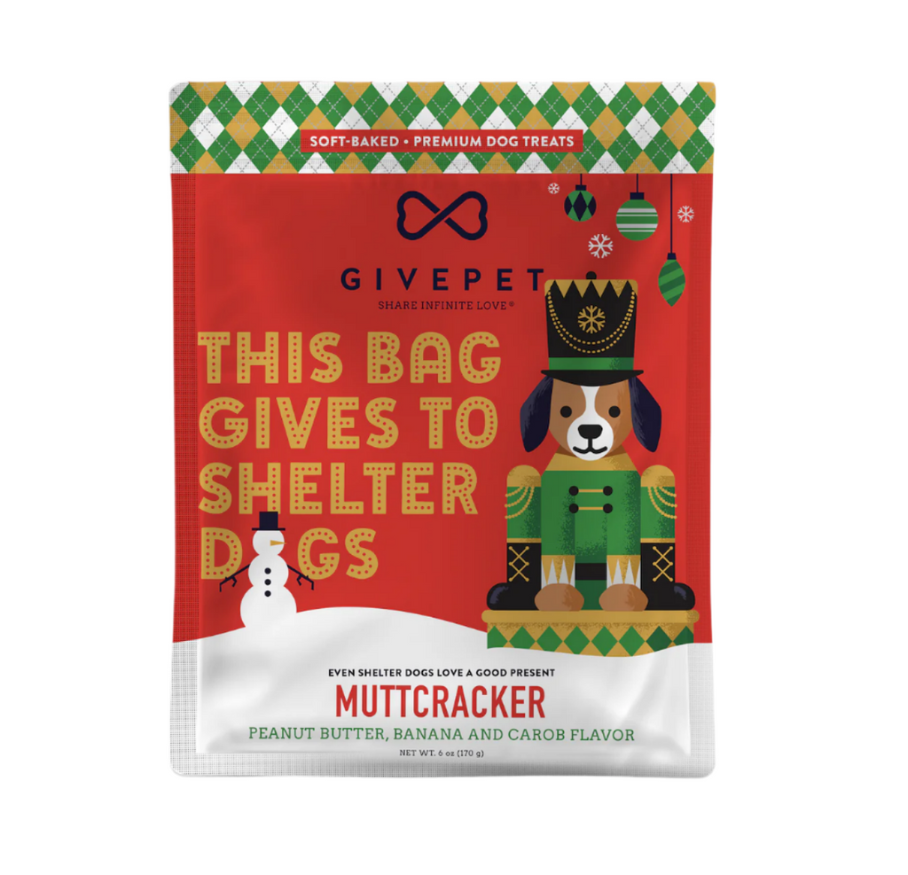 Bag of dog treats illustrated with a dog dressed as a nutcracker with a snowman in the background. 