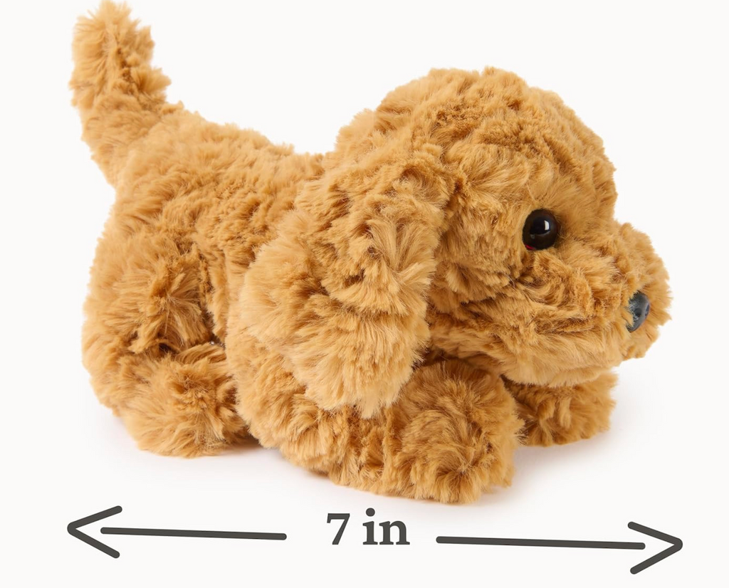 Littles Muttsy puppy dog plush toy viewed from the side with measurements listed underneath the picture. 