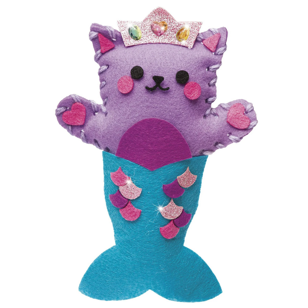 Purple cat mermaid plush toy with a blue tail and pink hearts, glitter scales, and pink glitter crown with gems. 