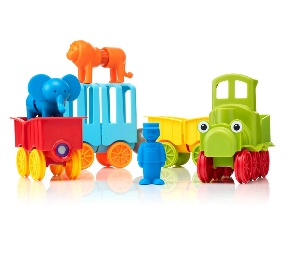 Colorful toy train set with animal figures and a conductor. 