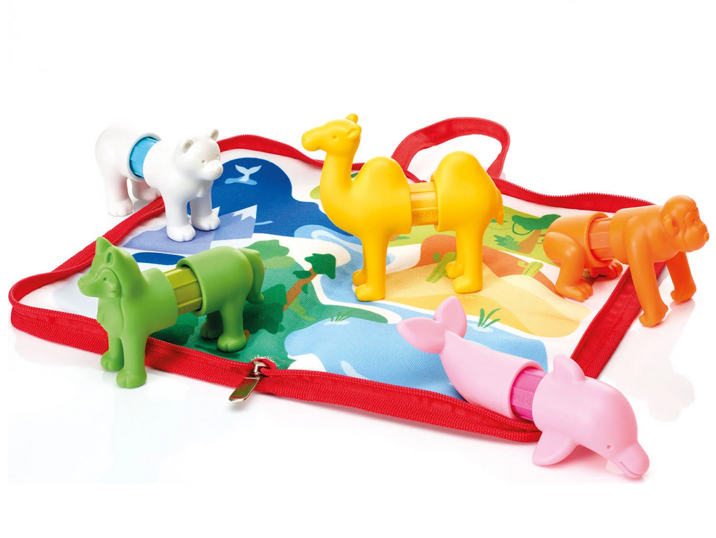 Colorful magnetic animals placed on the included play ma, that doubles as a carrying case. 