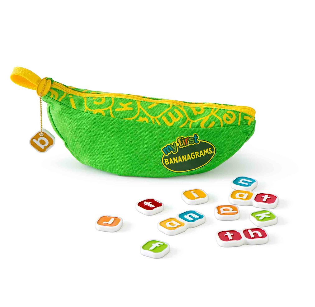 Green banana shaped pouch with colorful, lowert case letter tiles. 