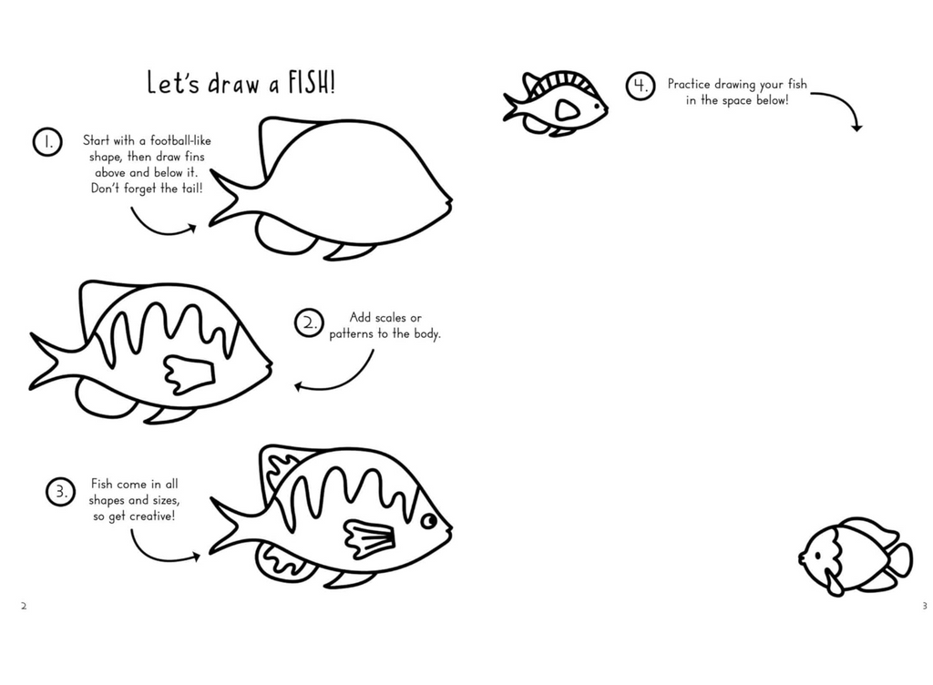 Interior page with step by step instructions on how to draw a fish. 