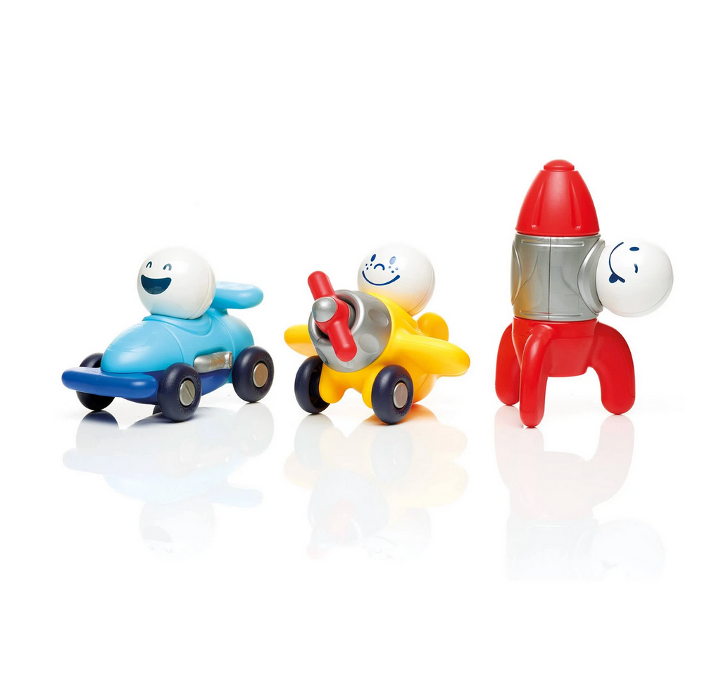 SmartMax Explorers set of three vehicles a blue race car, yellow airplane and red rocket. 