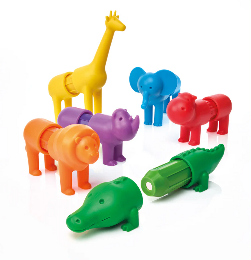 Set of colorful primary colored magnetic animal toys including a yellow giraffe, blue elephant, red hippo, green alligator, orange lion and purple rhinoceros. 