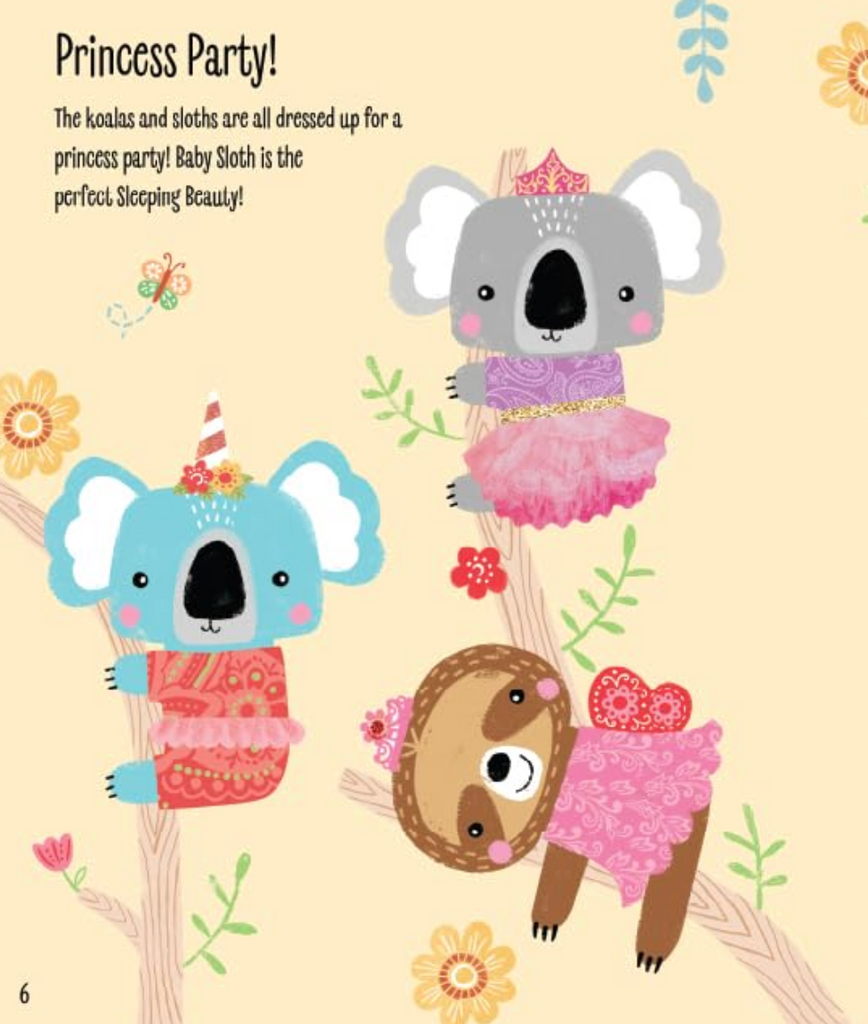 An interior page from My Sticker Dress uP Baby ANimals with three baby animals dressed in tutu's and tiaras. 