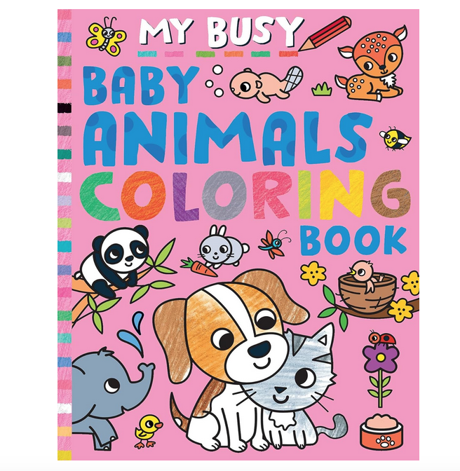 Colorful cover of My Busy Baby Animals Coloring Book with a pink background and illustrations of baby animals.