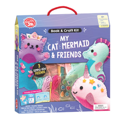 Purple box with pictures of the three completed crafts, a cat mermaid, seahorse and narwhal. 