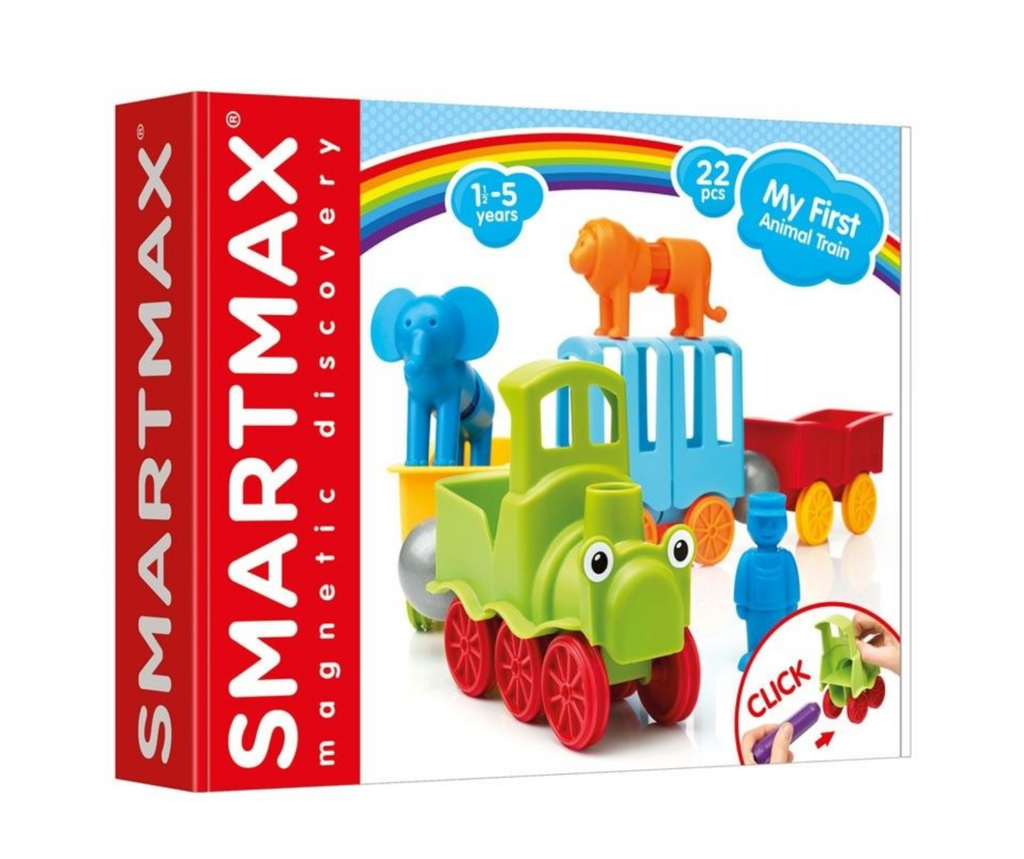 Box with a picture of the My First Animal Train from Smart Max with a the colorful train cars linked together with the animals riding along. 