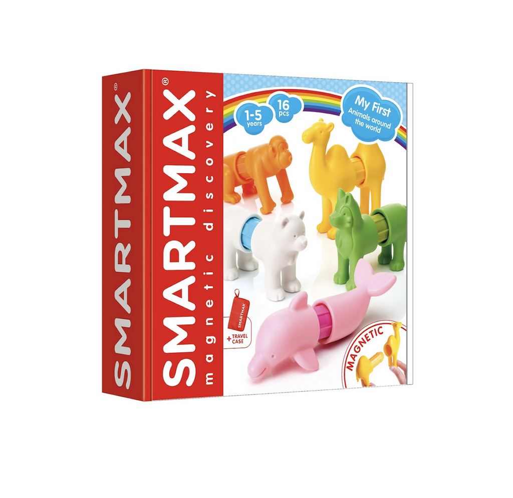 White box with pictures of the magnetic animals that are included in the My First Animals Around the World set. A bright red panel with white lettering that reads SmartMax Magnetic Discovery runs along the left side of the box. 