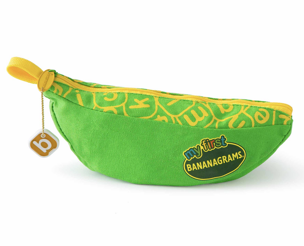 Green banana shaped pouch with yellow accents. 