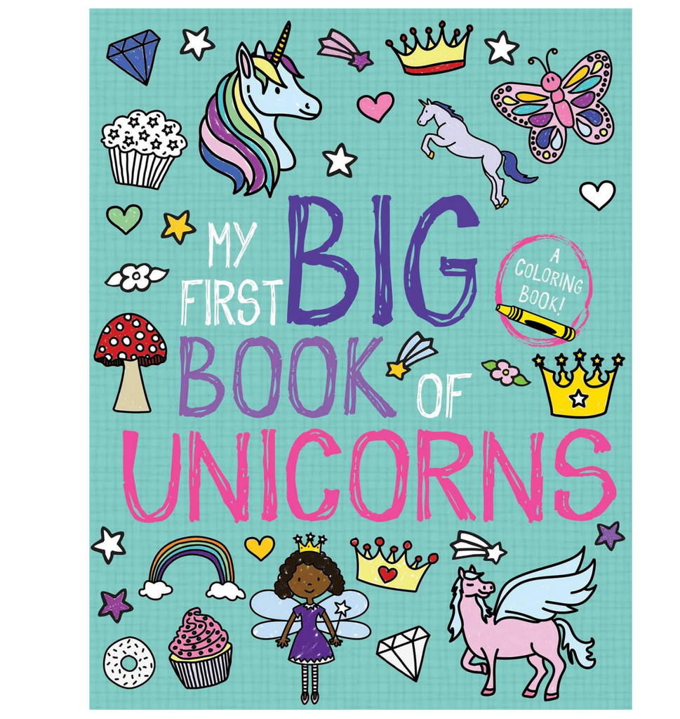 COver of My First Big Book of Unicorns with illustrations of unicorns, rainbows, flowers, butterflies and sweet treats. 