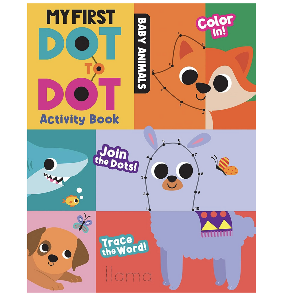 Illustrated cover for My First Dot to Dot Baby Animals activity book, with cute animals all over it. 