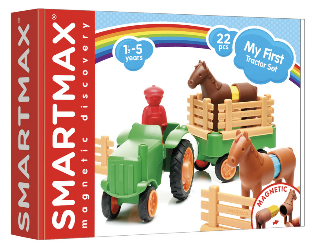 The My First Farm Tractor Magnetic Play Set boxed in a package with a picture of the play set with magnetic horse figures, a farmer, tractor and cart, as well as fencing. 