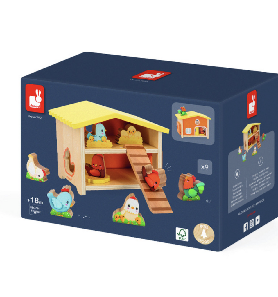 Blue box with a picture of the My First Hen House with the different hen and rooster figures posed in and around the toy hen house. 