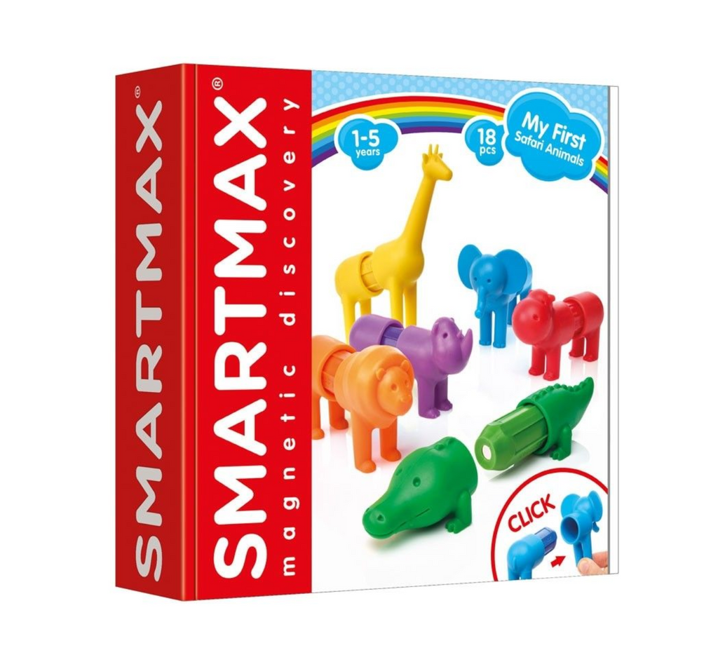 Colorful magnetic animals pictured on the front of a white box with "My First Safari Animals" written on the top and "SMARTMAX Magnetic Discovery" wriiten along the side of the box in white letters on a red background. 