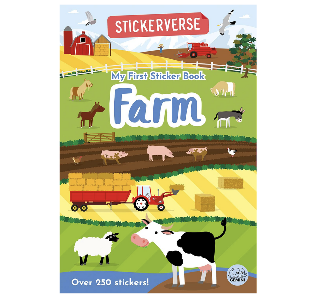 Cover of My First Sticker Book Farm with a colorful illustration of farm life with a barn, farm animals, and a tractor cutting hay. 