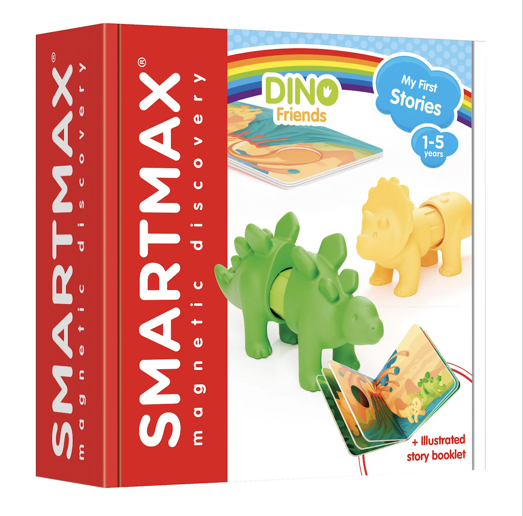 Cover of the box for Dino Friends My First Stories interactive story book and magnetic dinosaur figures. The green Stegosaurus and yellow Triceratops are pictured along with the book on the front. 