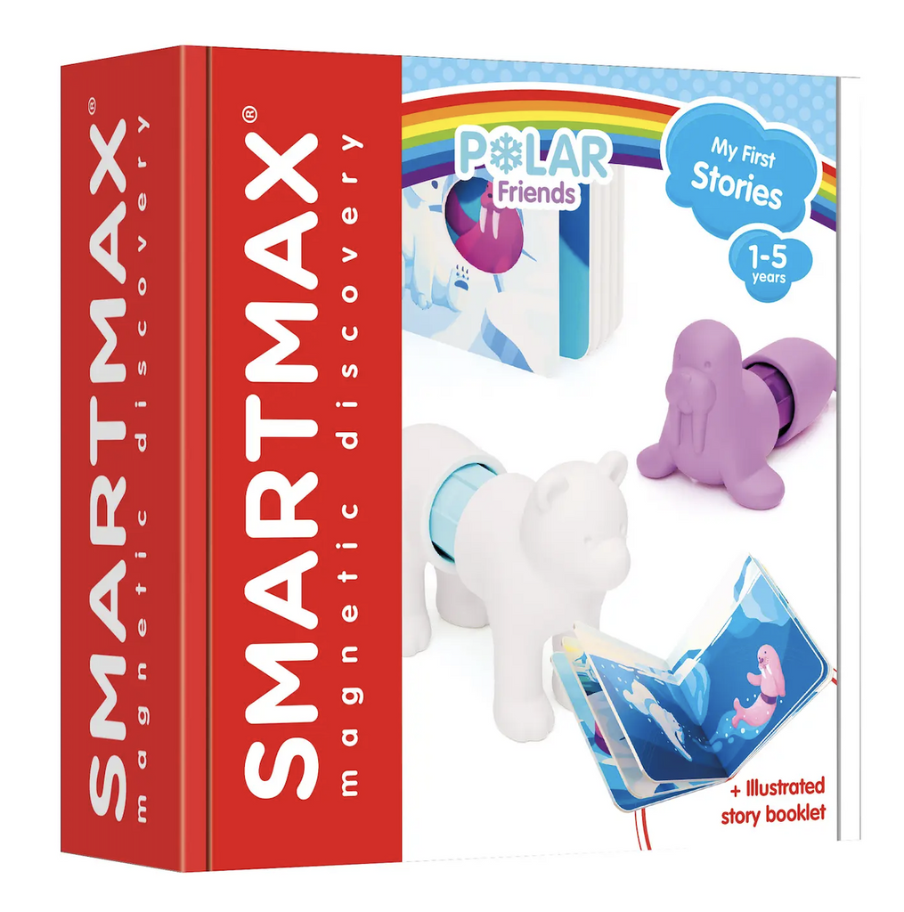 Cover of the My First Stories Polar Friends with pictures of the magnetic polar bear and walrus toys that are an interactive part of the story. 
