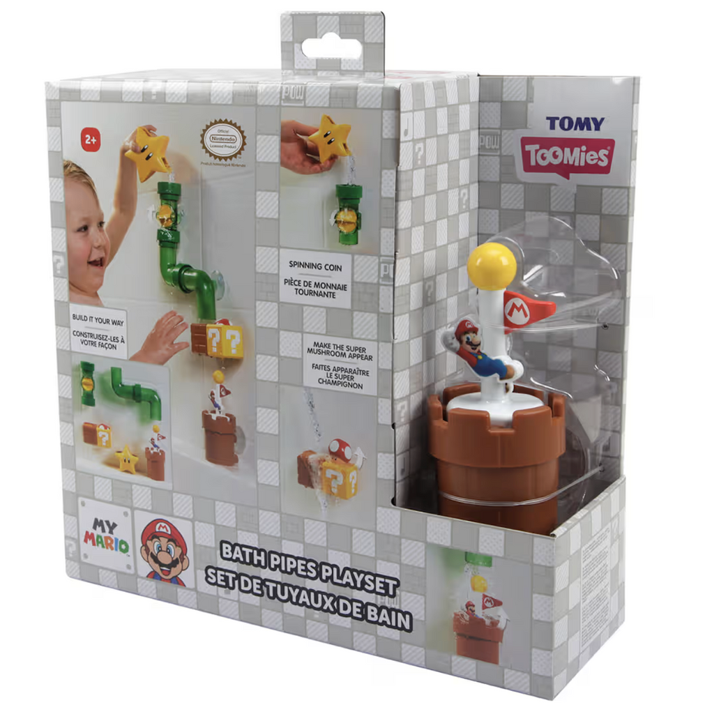 The My Mario Bath Pipes Playset packaged in a box with pictures of the pipes suctioned to a wall in the tub and water flowing through them. 