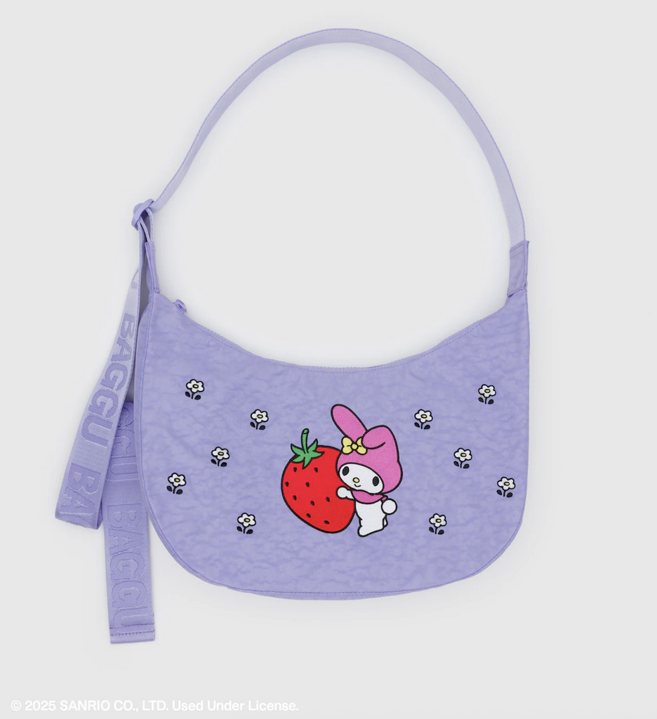 Crescent shaped cross body handbag with My Melody holding a big strawberry embroidered on the side. 