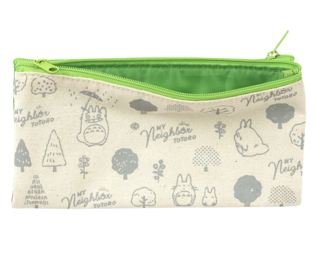 Zippered pencil case with illustrations of Totoro, trees, and other creatures from My Neighbor Totoro with a bright green lining. 