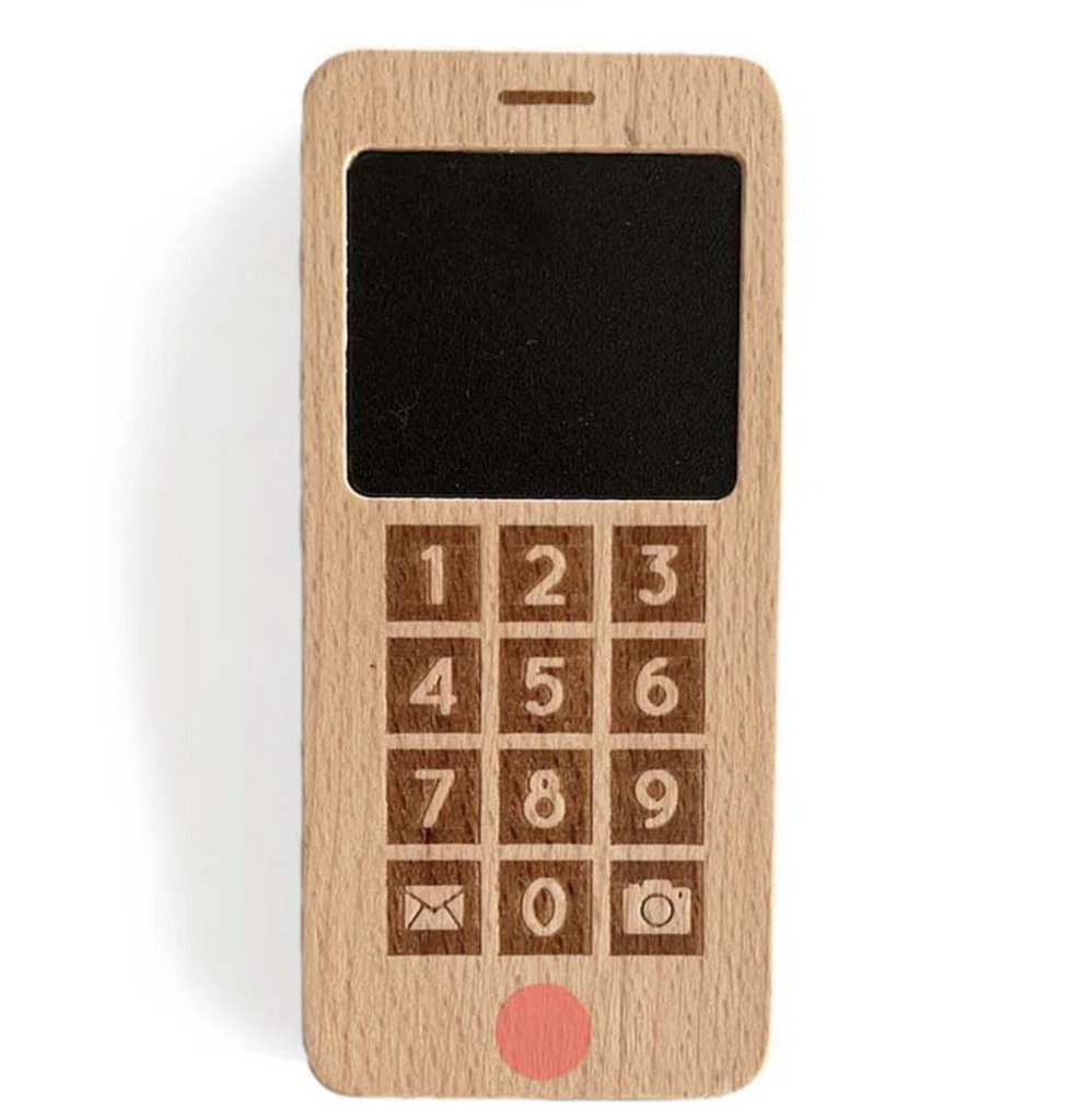 Wooden toy cell phone with an etched key pad and chalkboard screen. 