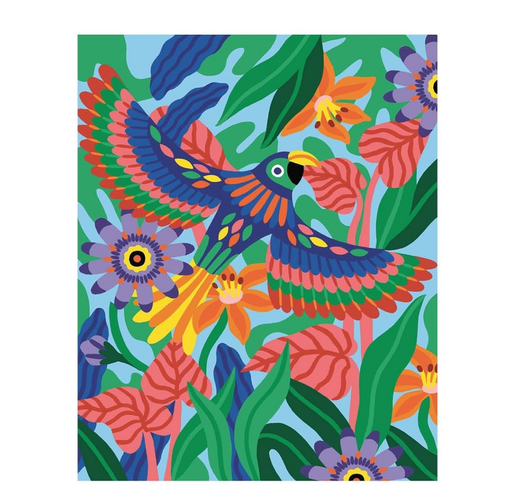A completed coloring page from the Mystery Coloring Tropical book with very bright flowers, foliage and a tropical bird it's wings spread. 