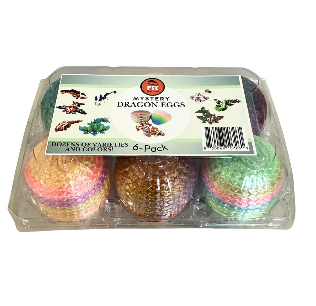 A clear plastic container filled with six 3D printed Mystery Dragon Eggs 