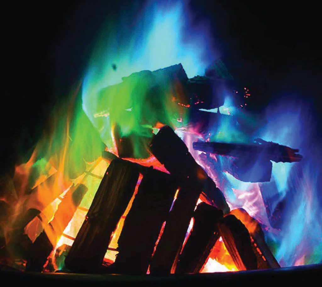 Blazing campfire with multicolored flames. 