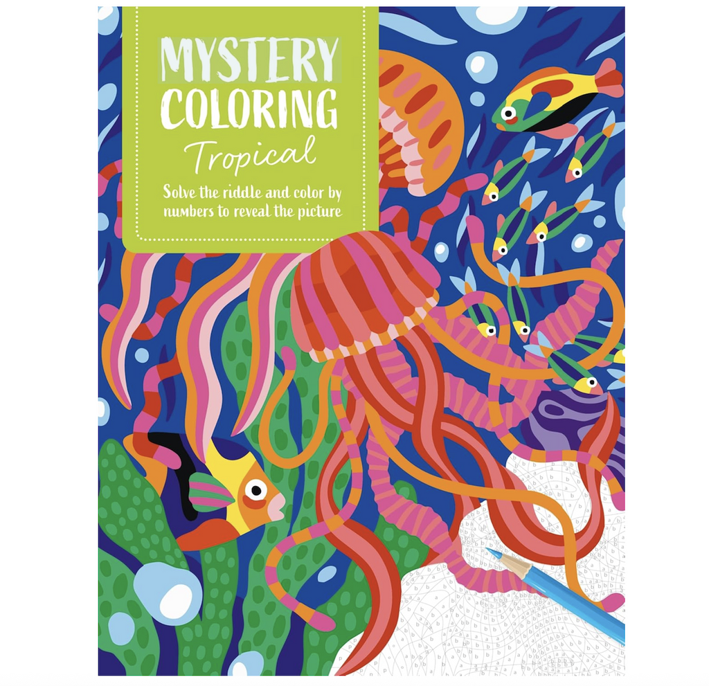 Brightly colored cover of Mystery Coloring Tropical book with a mostly complete color by number page of tropical fish and other sea creatures. . 
