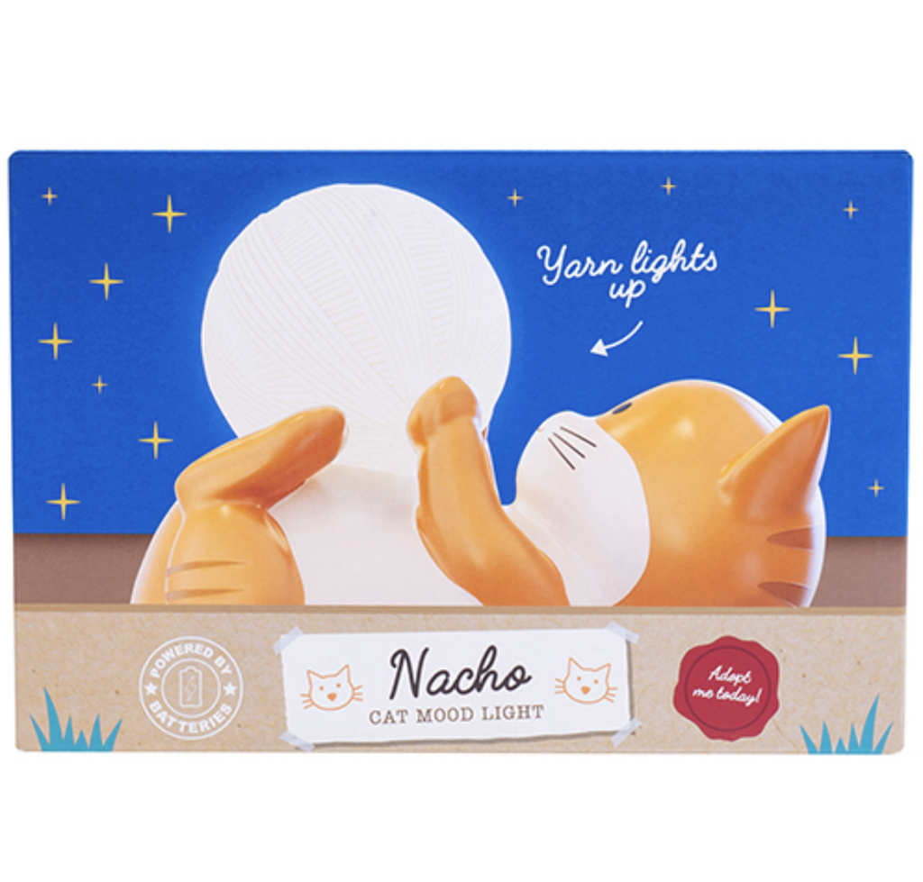 A box with Nacho the Cat Mood Light pictured against  a backdrop of a blue sky with twinkling stars. 