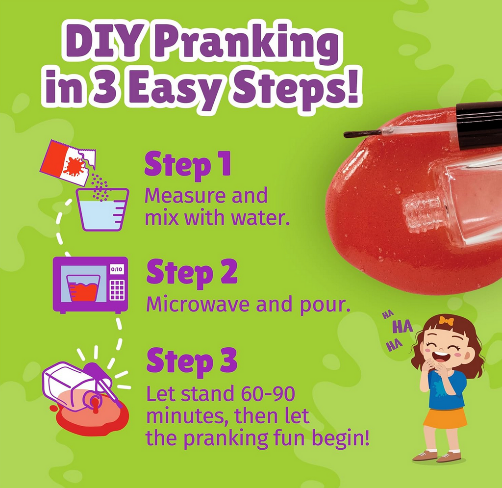Information graphic with the spilled red nail polish  and an outline of the instructions to create the prank.