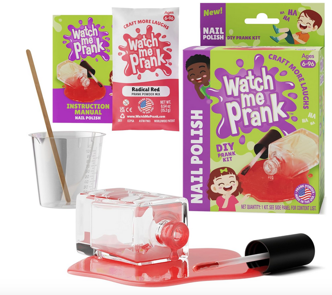 Components of the Nail Polish Spill Prank Kit, with the packet of powder, mixing beaker and stir stick to the instruction booklet, all besidde the packaging box and completed prank.