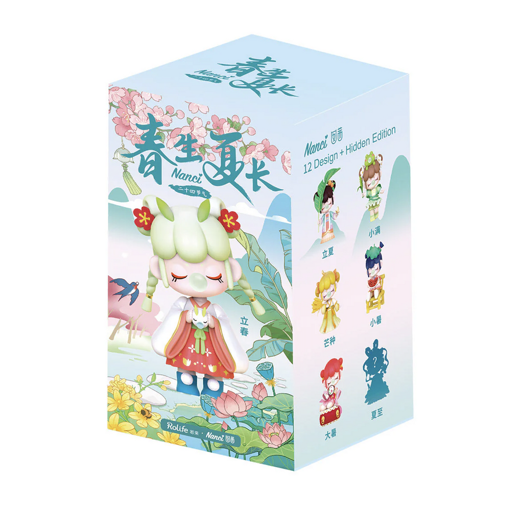 Light blue box with beautiful illustrations and pictures of the 12 surprise dolls that can be collected from the Nanci 24 Solar Terms series. 