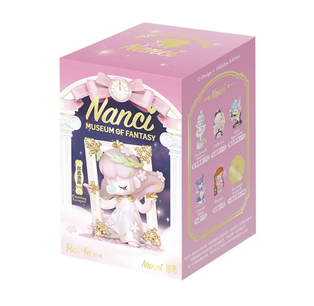 Pink box with pictures of the 12 possible doll figures from the Nanci Museum of Fantasy blind box series. 